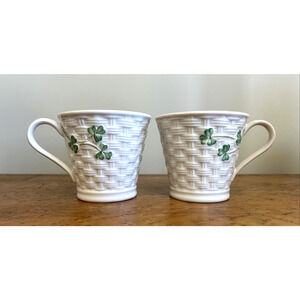 Pair of Belleek Ireland Pottery Shamrock Close Basketweave Mugs 3.25”